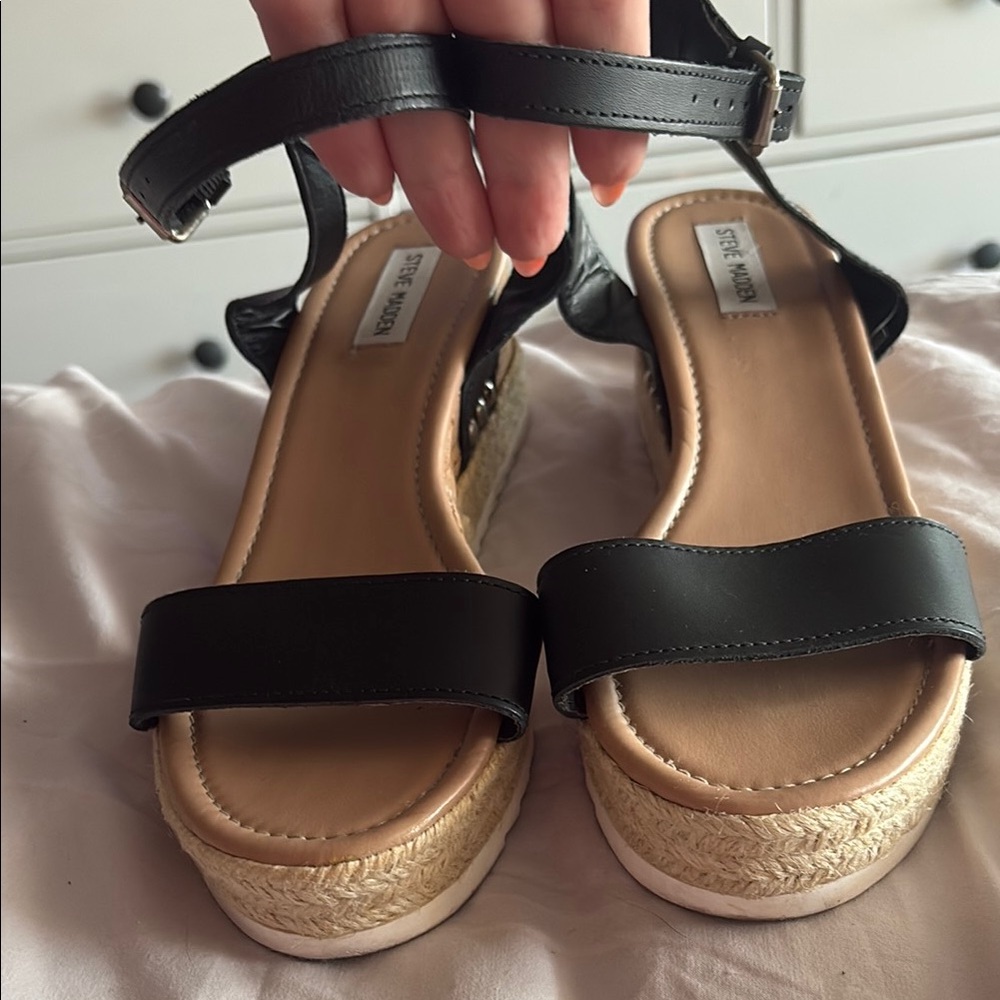 Steve Madden Black Woven Espadrille Shoes with ankle strap size 10